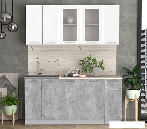 Готовая кухня Интерлиния Мила 17-60 (бетон/белый платинум глянец/бискайская сосна)