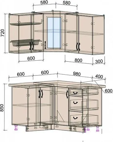 Готовая кухня Интерлиния Мила Крафт 1.2x1.4 (дуб серый/дуб серый/травертин серый)