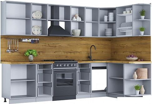 Готовая кухня Интерлиния Мила Шато 1.5x3.0 правая (слоновая кость/океан/серый каспий)