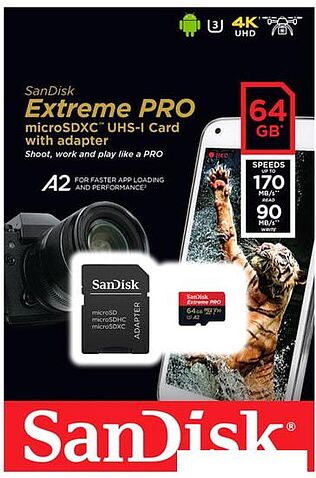 Карта памяти SanDisk Extreme PRO SDSQXCY-064G-GN6MA microSDXC 64GB (с адаптером)