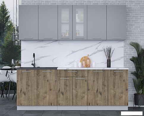 Готовая кухня Интерлиния Мила 22 (серебро/дуб веллингтон/белый гранит)