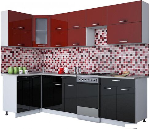 Угловая кухня Интерлиния Мила Gloss 50-12x28 (бордовый/черный глянец)