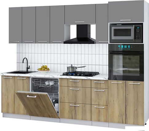 Готовая кухня Интерлиния Мила Gloss 2.7-ПМ1 (дуб вотан/серый/белый гранит)