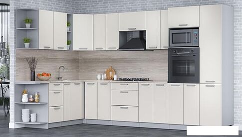 Готовая кухня Интерлиния Мила Лайт 1.88x3.4 левая (персидский жемчуг/персид. жемчуг/травертин серый)