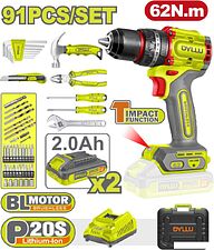 Ударная дрель-шуруповерт Dyllu DTDT4B91 (с 2-мя АКБ, кейс, набор инструментов)