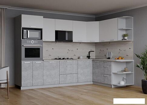 Готовая кухня Интерлиния Мила Лайт 1.68x2.8 правая (белый платинум/бетон/бискайская сосна)