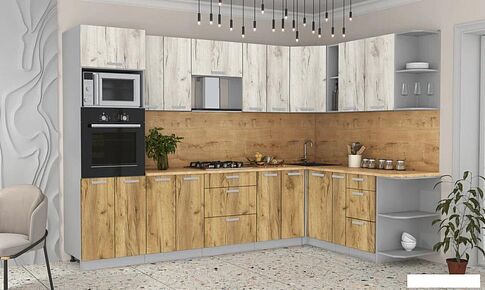 Готовая кухня Интерлиния Мила Лайт 1.88x3.0 правая (дуб белый/дуб золотой/дуб бунратти)