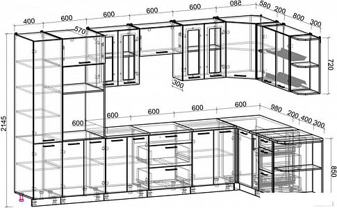 Готовая кухня Интерлиния Мила Gloss 1.88x3.4 правая (белый софт/керамика/травертин серый)