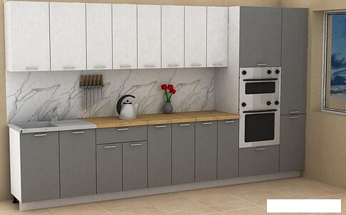 Готовая кухня ЭлиГард Lion 3.6 (белый структурный/дымчатый алмаз/дуб бунратти)