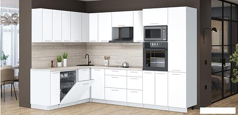 Готовая кухня Интерлиния Мила Лайт 1.896х2.98 (белый платинум/белый платинум/травертин серый)