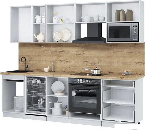 Готовая кухня Интерлиния Мила Лайт 2.6-ПМ4 (белый платинум/белый платинум/травертин серый)