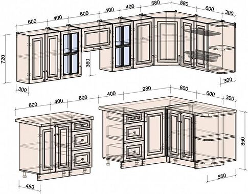 Готовая кухня Интерлиния Мила Шато 1.5x3.0 правая (слоновая кость/океан/серый каспий)