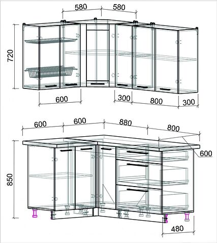 Готовая кухня Интерлиния Мила Пластик 1.2x1.7 (слива глянец/ваниль глянец/травертин)