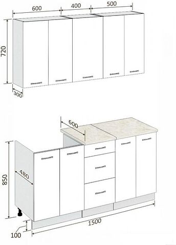 Кухня Кортекс-мебель Корнелия Лира 1.5м (крем/оникс/марсель)