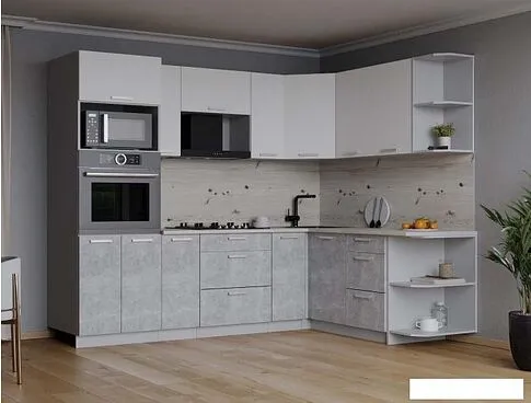 Готовая кухня Интерлиния Мила Лайт 1.68x2.4 правая (белый платинум/бетон/бискайская сосна)