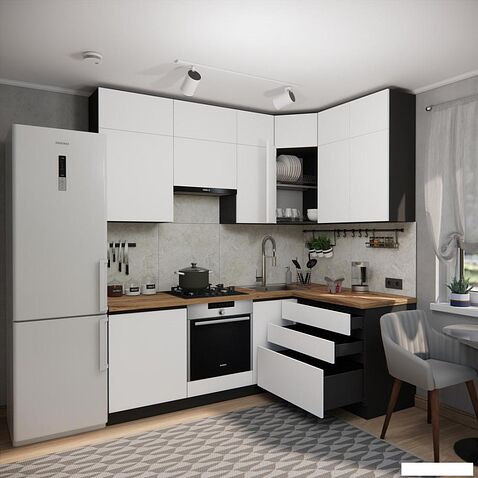 Готовая кухня ВерсоМебель Эко Премиум 1.4x2.2 правая (белый фасадный/ст. дуб вотан)
