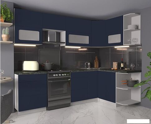 Готовая кухня Интерлиния Мила Матте 1.5x2.6 Б правая (индиго/индиго глянец/кастилло темный)