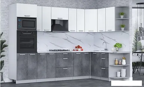 Готовая кухня Интерлиния Мила Лайт 1.68x3.0 правая (белый платинум/бетон портленд/белый гранит)