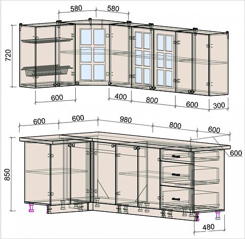 Готовая кухня Интерлиния Мила Деко 1.2x2.4 (керамика/океан/опал светлый)