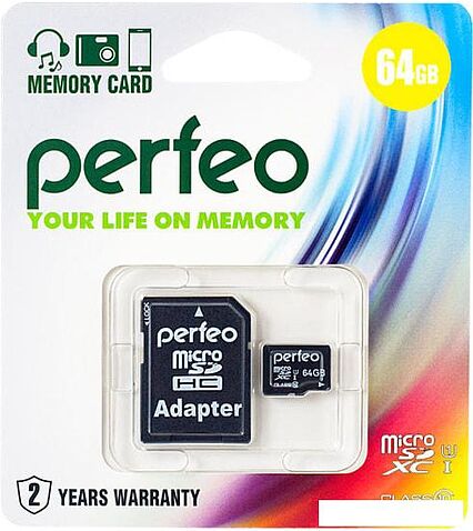 Карта памяти Perfeo PF64GMCSX10U1A microSDXC 64GB (с адаптером)