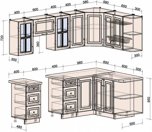 Готовая кухня Интерлиния Мила Шато 1.5x2.4 правая (белый/белый/кастилло темный)