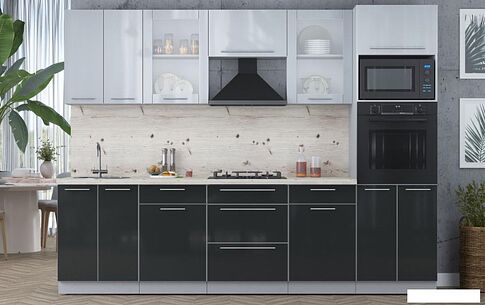 Готовая кухня Интерлиния Мила Пластик 2.8 (туманный глянец/антрацит/бискайская сосна)