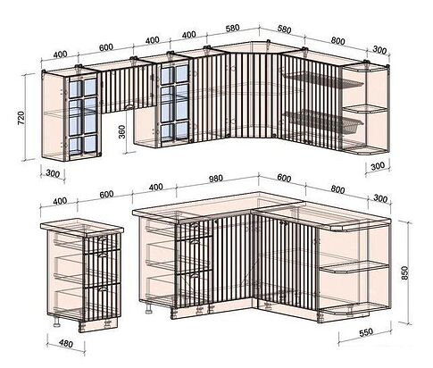 Готовая кухня Интерлиния Берес 1.7x2.4 правая (дуб полярный/дуб серый/травертин серый)