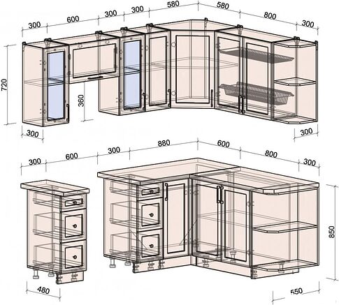 Готовая кухня Интерлиния Тренд 1.7x2.1 правая (океан/океан/дуб бунратти)
