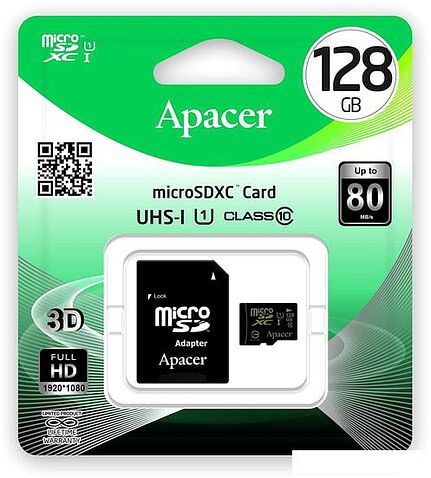 Карта памяти Apacer microSDXC AP128GMCSX10U1-R 128GB (с адаптером)