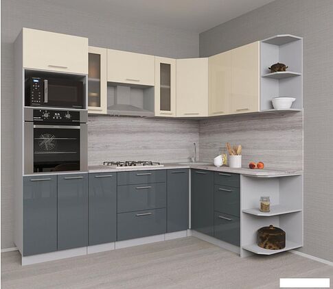 Готовая кухня Интерлиния Мила Gloss 1.68x2.4 правая (ваниль-асфальт)