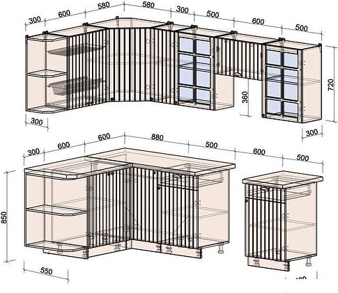 Готовая кухня Интерлиния Берес 1.5x2.5 левая (дуб полярный/дуб серый/травертин серый)