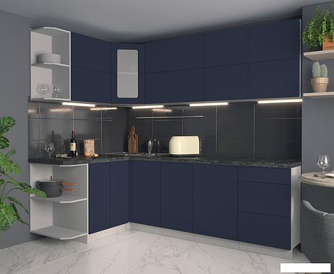 Готовая кухня Интерлиния Мила Матте 1.5x2.4 А левая (индиго/индиго глянец/кастилло темный)