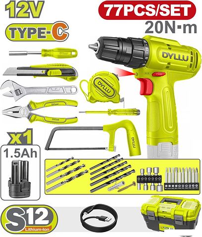 Дрель-шуруповерт Dyllu DTDT4B77 (с 1-им АКБ, кейс, набор инструментов)