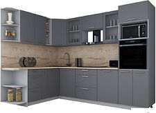 Готовая кухня Интерлиния Мила Gloss 1.88x2.8 левая (серый софт/серый софт/травертин серый)