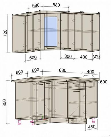 Готовая кухня Интерлиния Мила 12x13 (персидский жемчуг-антрацит-травертин серый)