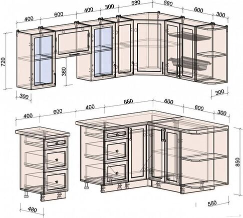 Готовая кухня Интерлиния Тренд 1.5x2.3 правая (луна/луна/бискайская сосна)