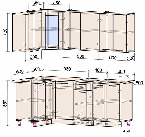 Готовая кухня Интерлиния Мила 12x20 (бетон-бетон-кастилло темный)