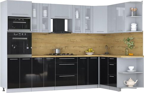 Готовая кухня Интерлиния Мила Пластик 1.68x3.0 PR (туманный глянец/черный глянец/дуб бунратти)