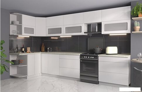 Угловая кухня Интерлиния Мила Матте 1.5x3.6 Б левая (белый/белый/опал светлый)