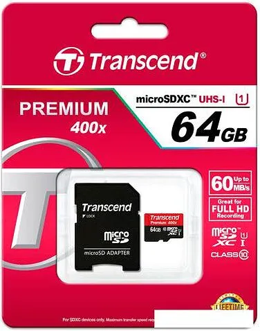 Карта памяти Transcend microSDXC UHS-I 400x Premium (Class 10) 64GB (TS64GUSDU1)