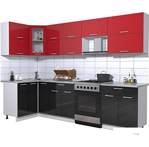 Угловая кухня Интерлиния Мила Gloss 60-12x29 (красный/черный глянец)