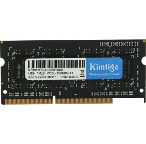 Оперативная память Kimtigo 4ГБ DDR3 SODIMM 1600 МГц KMTS4G8581600