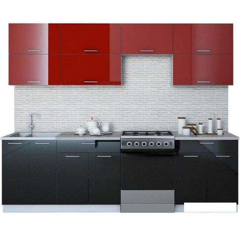Кухня Интерлиния Мила Gloss 60-26 (бордовый/черный)