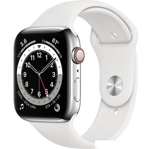 Умные часы Apple Watch Series 6 LTE 44 мм (сталь серебристый/белый спортивный)