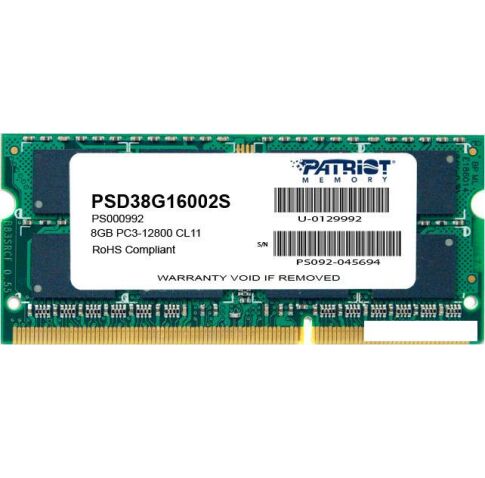 Оперативная память Patriot Signature 8GB DDR3 SO-DIMM PC3-12800 (PSD38G16002S)