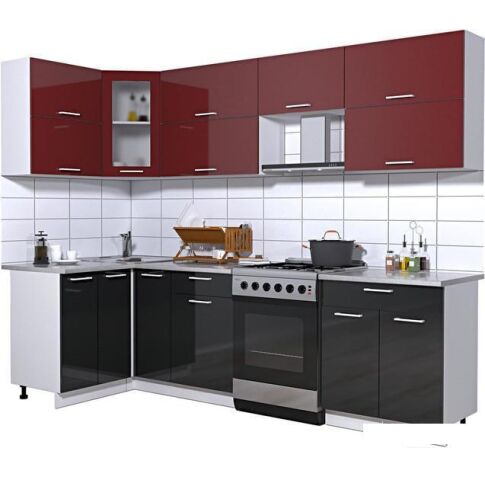 Угловая кухня Интерлиния Мила Gloss 60-12x27 (бордовый/черный глянец)