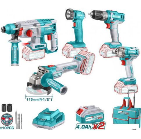 Total TCKLI2019 (перфоратор, шуруповерт, гайковерт, болгарка, фонарь, с 2-мя АКБ, сумка)