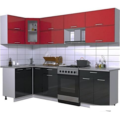 Угловая кухня Интерлиния Мила Gloss 60-12x27 (красный/черный глянец)